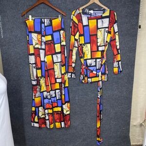 The Curve by Judani 2X Abstract Art Print 2 Piece Pant Set Wide Leg Tunic 74043